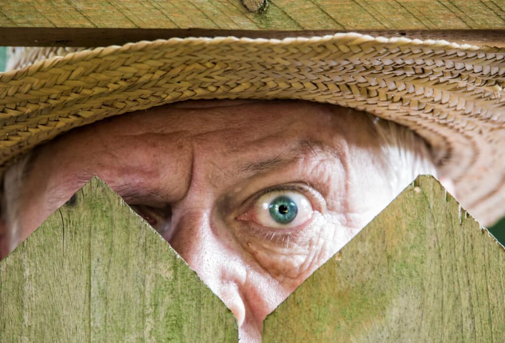 Benefits of Privacy Fencing - Keep prying eyes out! (Man peering over top of fence with one wide open eye)