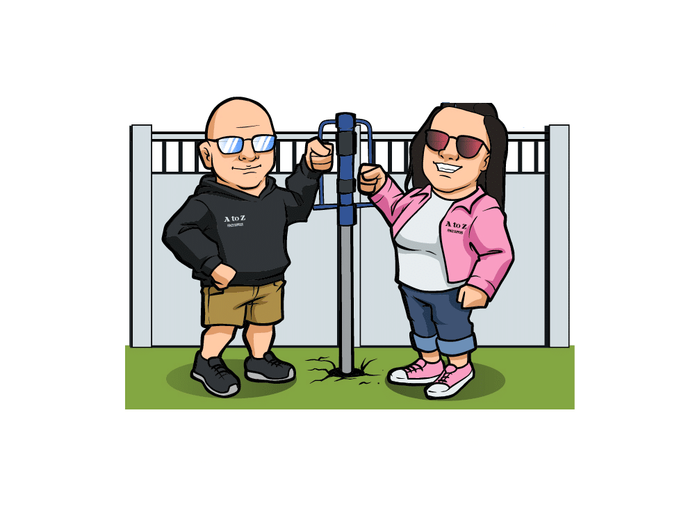 Cartoon of Aaron & Renee Smith holding a post driver for no-dig fence installation